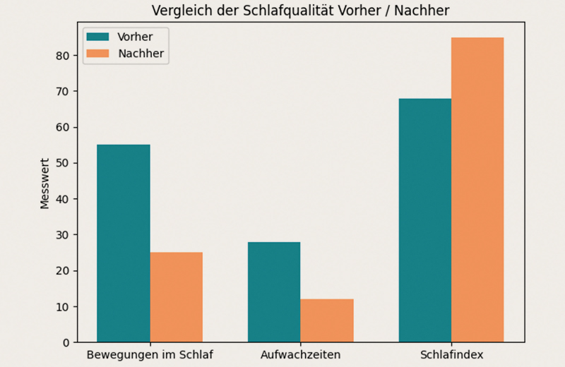 Balkendiagramm: Schlafqualität im Vergleich. Ergebnis: deutliche Verbesserung durch SOULMAT
